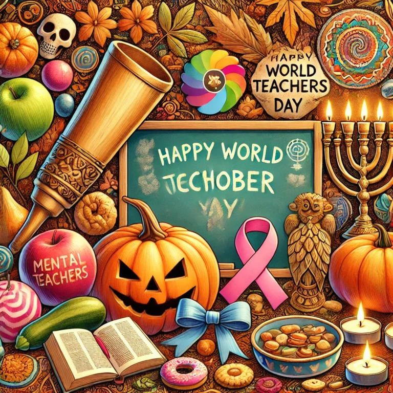 A vibrant collage showcasing key October celebrations, including Rosh Hashanah, World Teachers' Day, World Mental Health Day, Sweetest Day, Halloween, and Diwali, with autumn tones and festive elements.