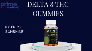 A bottle of Prime Sunshine Delta 8 Gummies. The gummies are colorful and come in assorted flavors. The bottle contains 30 gummies, with each gummy containing 40mg of Delta 8. The product is organic, gluten-free, vegan, kosher, and halal. It is also third-party tested.