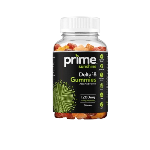 Bottle of Prime Sunshine Delta 8 Gummies, 1200mg, assorted flavors.