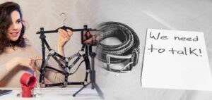 Woman showing bondage gear while filming, symbolizing open conversations and education in the new language of kink