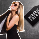 Woman smiling while holding shopping bags beside a sale tag that reads Black Friday, representing excitement for seasonal deals.