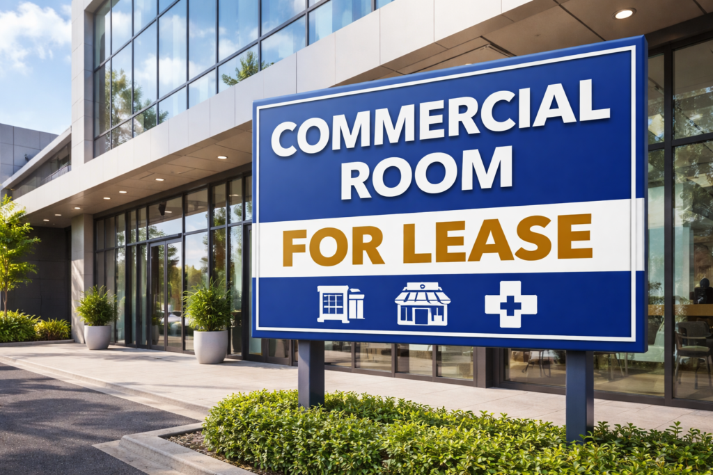 Commercial room for lease with glass-front office space