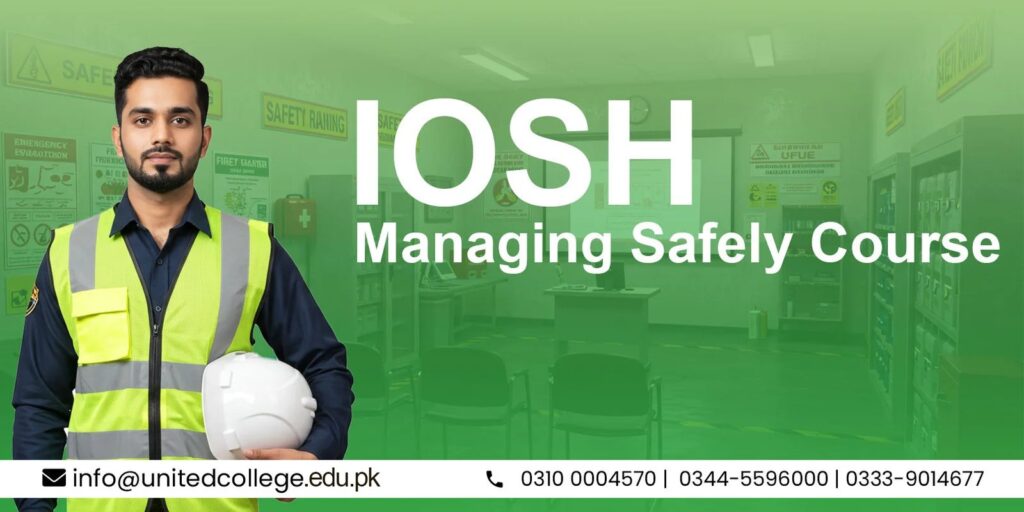 Man in high-visibility vest holding a hard hat, standing in a room with safety posters and chairs. Text reads “IOSH Managing Safely Course.” Contact info below.