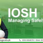 Man in high-visibility vest holding a hard hat, standing in a room with safety posters and chairs. Text reads “IOSH Managing Safely Course.” Contact info below.