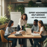 A professional female tutor providing assignment help services to a diverse group of college students in a modern, sunlit classroom.