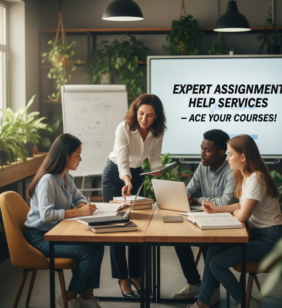 A professional female tutor providing assignment help services to a diverse group of college students in a modern, sunlit classroom.