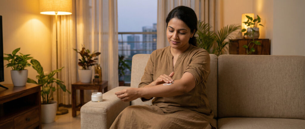 Indian adult applying magnesium lotion as part of a calm evening stress-relief routine at home
