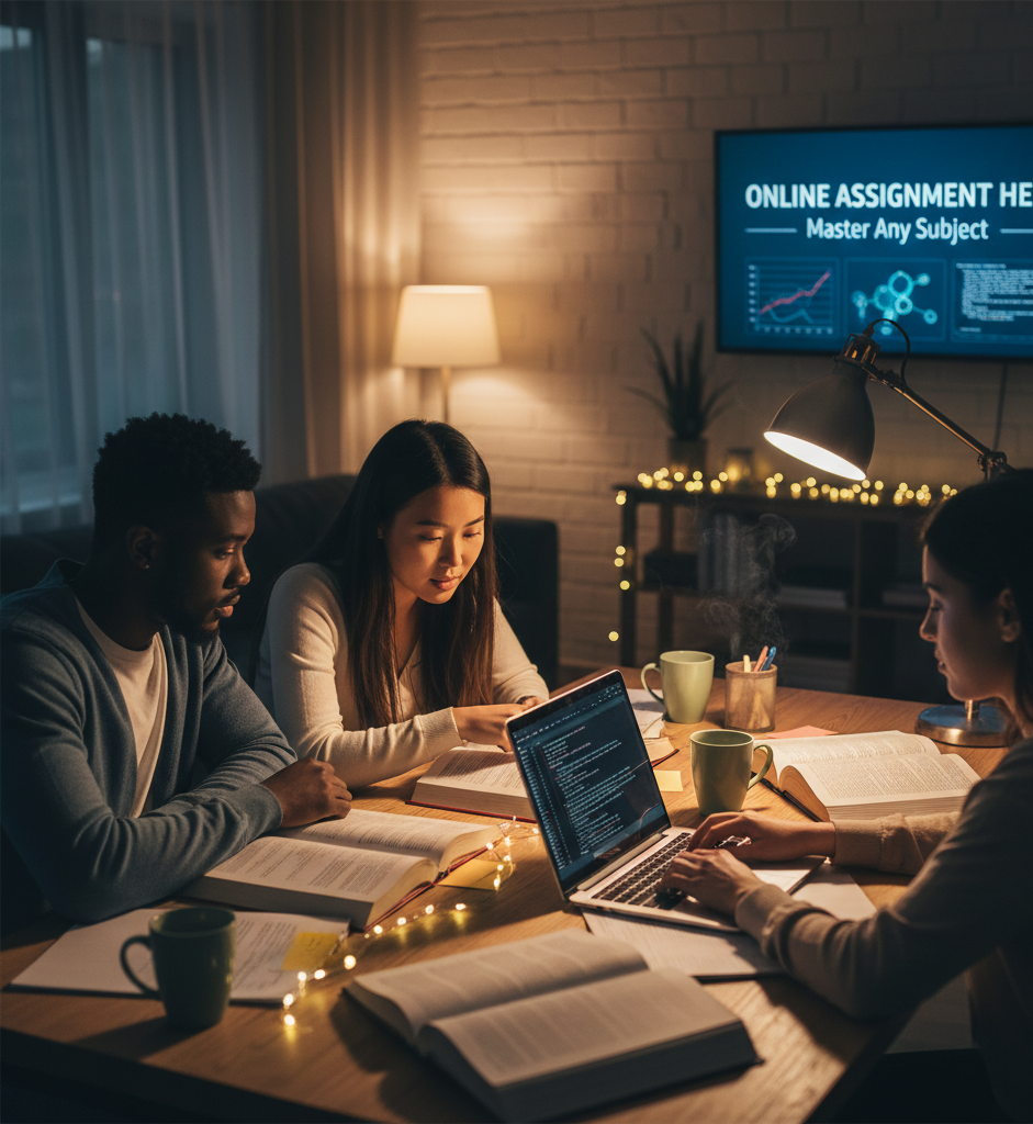 A group of university-level students collaborating on a complex project while receiving professional homework help for students.