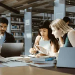 A diverse group of university students studying together at a library table with laptops and books, illustrating the academic focus required when searching for London assignment help online.