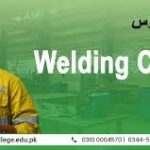 Smiling man in a yellow welding suit and helmet stands beside text promoting a welding course on a green background with contact info below.
