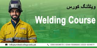 Smiling man in a yellow welding suit and helmet stands beside text promoting a welding course on a green background with contact info below.
