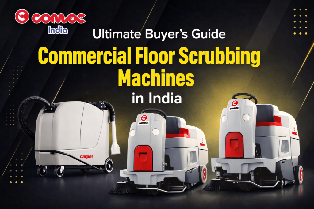 Commercial floor scrubbing machine in action cleaning a large industrial space in India, showcasing efficiency and hygiene. Includes a commercial vacuum cleaner and sweeping machine for comprehensive cleaning solutions.