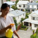 Woman in casual clothing cleaning a large upstairs balcony window with a yellow spray bottle and blue cloth, overlooking a peaceful Melbourne suburb (Heidelberg). Below are leafy streets lined with a blend of heritage-style and modern cream, grey, and white family homes surrounded by mature trees and gardens under a clear blue sky.