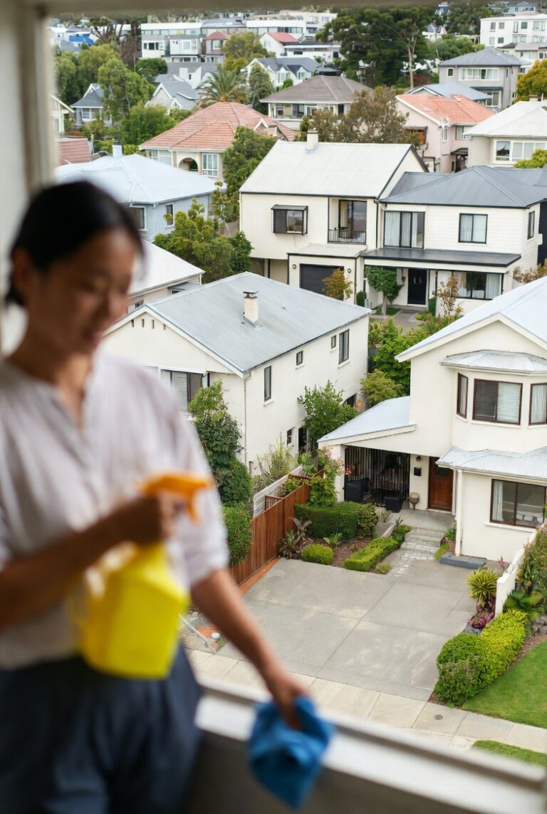 Woman in casual clothing cleaning a large upstairs balcony window with a yellow spray bottle and blue cloth, overlooking a peaceful Melbourne suburb (Heidelberg). Below are leafy streets lined with a blend of heritage-style and modern cream, grey, and white family homes surrounded by mature trees and gardens under a clear blue sky.