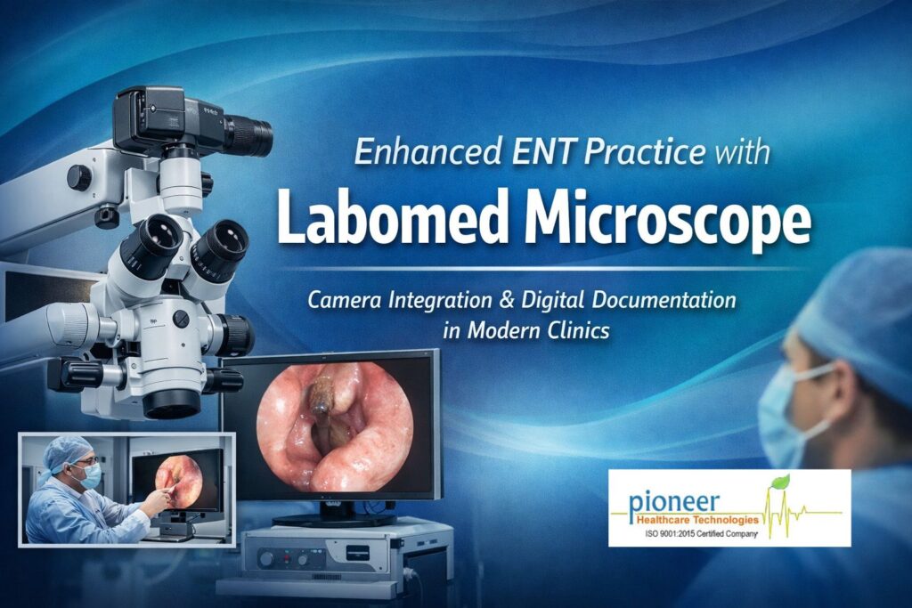 Labomed ENT microscope with integrated camera system displaying high-definition ENT imaging on monitor for digital documentation in modern clinics