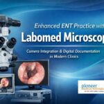Labomed ENT microscope with integrated camera system displaying high-definition ENT imaging on monitor for digital documentation in modern clinics