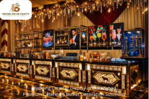 Elegant wedding counter display in Moradabad featuring floral décor, handcrafted decorative items, and premium lighting setup