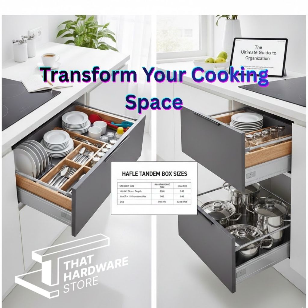 A luxury modular kitchen featuring open Hafele tandem box drawers with organized plates and cutlery.