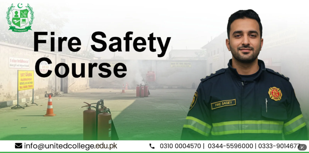 Fire Safety Course poster featuring a smiling man in a fire safety uniform on the right. The background shows fire extinguishers and training cones on a foggy outdoor training area. Contact info is displayed at the bottom.