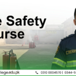 Fire Safety Course poster featuring a smiling man in a fire safety uniform on the right. The background shows fire extinguishers and training cones on a foggy outdoor training area. Contact info is displayed at the bottom.