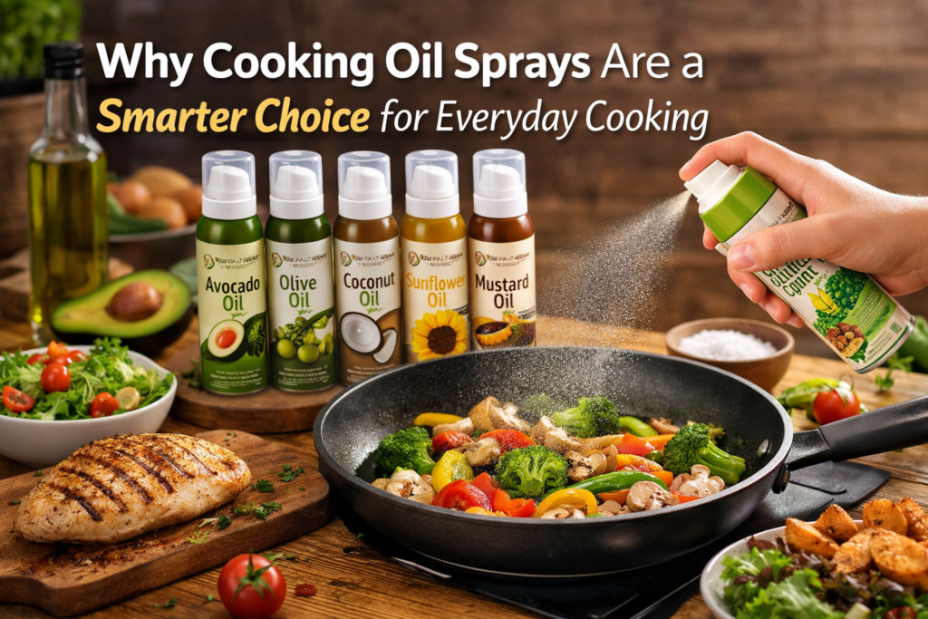 Cooking oil spray being used on a pan of sautéed vegetables, with bottles of avocado, olive, coconut, sunflower, and mustard oil sprays displayed alongside grilled chicken and fresh ingredients.