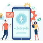 People with mobile phones using smart voice assistant