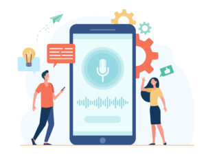 People with mobile phones using smart voice assistant