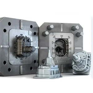 Metal injection mold halves with a detailed mechanical housing cavity, shown alongside a finished cast part