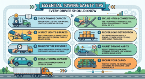 Professional tow operator demonstrating safe towing techniques with a vehicle and trailer