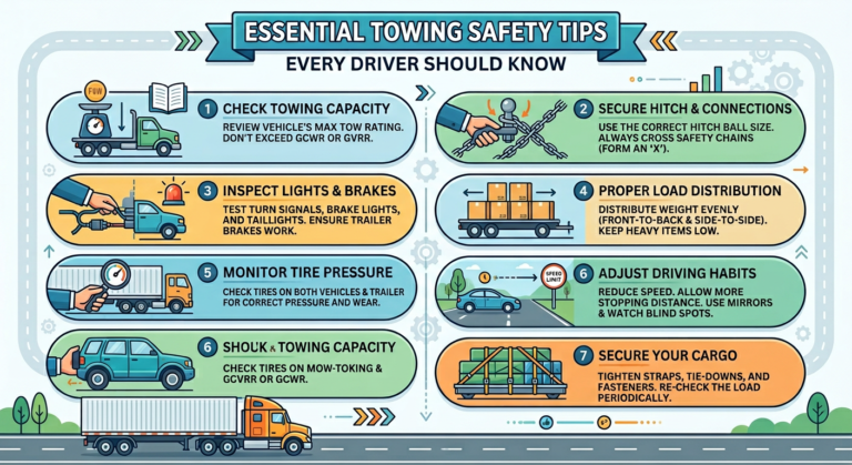 Professional tow operator demonstrating safe towing techniques with a vehicle and trailer