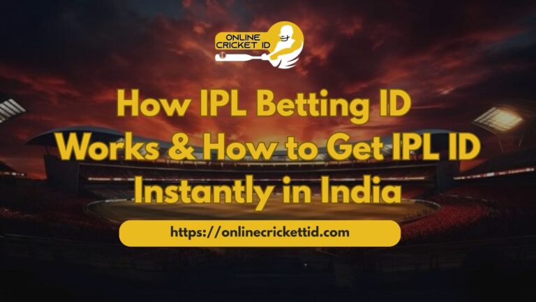A promotional banner for an online cricket betting service showing a lit cricket stadium at sunset, with the headline “How IPL Betting ID Works & How to Get IPL ID Instantly in India.” At the top is a logo reading “Online Cricket ID” with a silhouette of a batsman, and at the bottom is the website link “https://onlinecricketid.com.”
