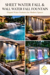 Sheet waterfall wall fountain with smooth water flow and LED lighting on modern decorative wall