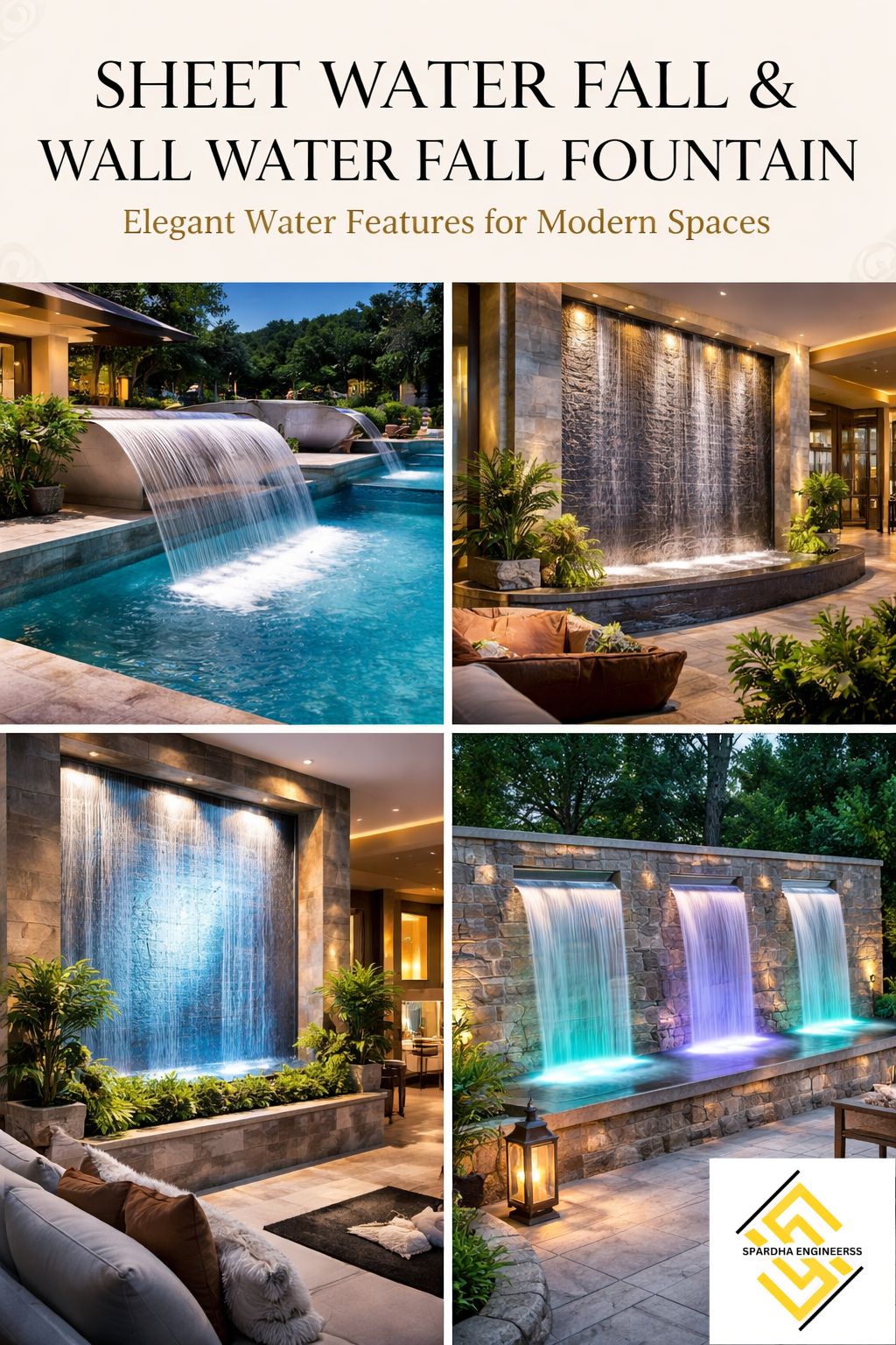 Sheet waterfall wall fountain with smooth water flow and LED lighting on modern decorative wall