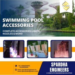 Swimming pool accessories in Delhi including pump, filter, cleaning tools and pool lighting system