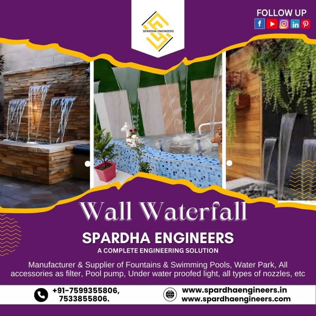 Elegant wall waterfall fountain with glass panel and smooth sheet water flow for modern interior decor