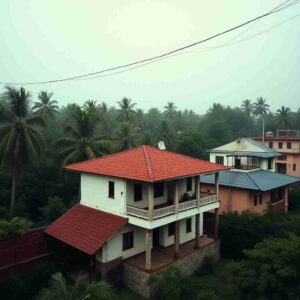 Two-story house with a red roof and balcony surrounded by palm trees in a misty, tropical setting.