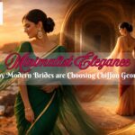 Modern bride in a flowing pure chiffon georgette saree for a pre-wedding shoot