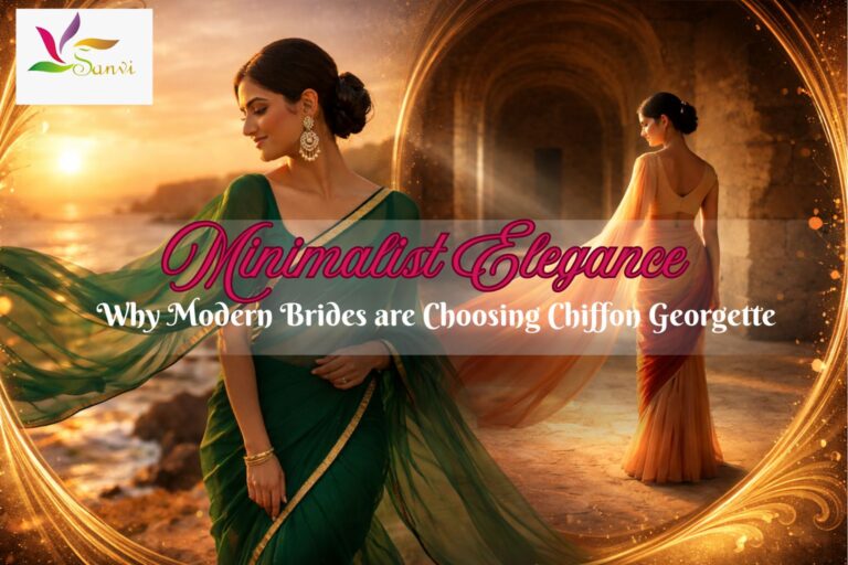 Modern bride in a flowing pure chiffon georgette saree for a pre-wedding shoot