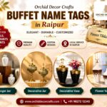 Elegant buffet name tags in Raipur displayed on catering table for food labeling