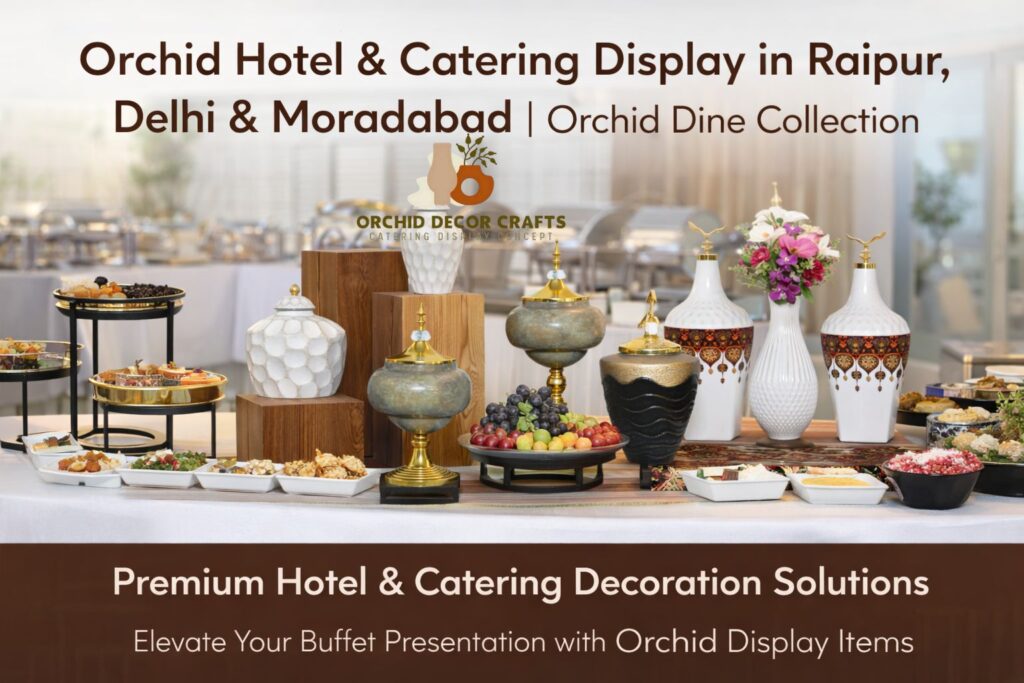 Elegant Orchid hotel catering display with premium buffet stands and decorative serving setup