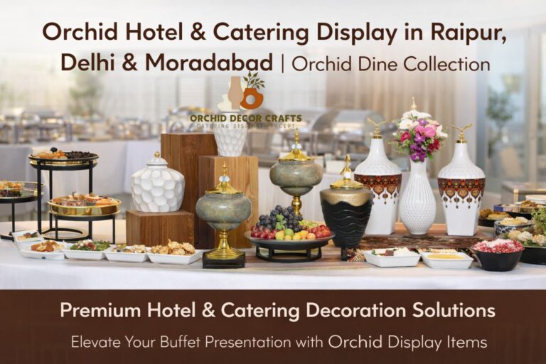 Elegant Orchid hotel catering display with premium buffet stands and decorative serving setup