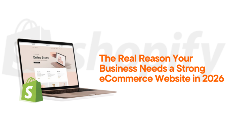 eCommerce website development services showcasing modern online store design on laptop with Shopify branding for business growth in 2026