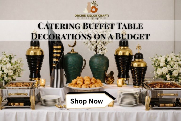 catering buffet table decorations with elegant flowers and modern food display setup