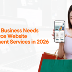 Woman holding smartphone shopping app highlighting eCommerce website development services for business growth in 2026