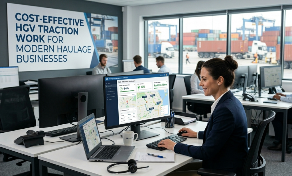 A logistics office with a woman managing HGV traction data on a monitor, featuring a shipping port view and haulage text.