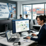 A logistics office with a woman managing HGV traction data on a monitor, featuring a shipping port view and haulage text.