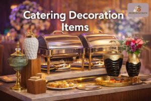 Premium catering decoration items setup with buffet stands, decorative jars and elegant serving display