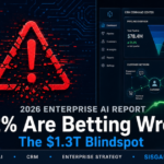 Split-screen enterprise AI infographic showing failing business environment with stressed teams and poor AI results on the left, contrasted with successful human-AI collaboration, CRM dashboard, and rising growth graph on the right, with headline Now open the Blindfold and Choose your right side