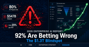 Split-screen enterprise AI infographic showing failing business environment with stressed teams and poor AI results on the left, contrasted with successful human-AI collaboration, CRM dashboard, and rising growth graph on the right, with headline Now open the Blindfold and Choose your right side