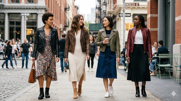 Women’s Leather Jackets Styled with Dresses and Skirts